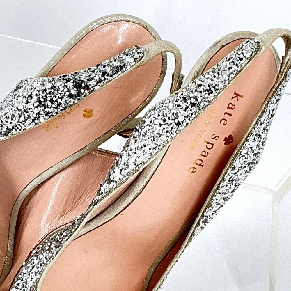 Kate Spade New York‎ Size 5 Silver Glitter Bow Slingback Heels Weddding Bridal